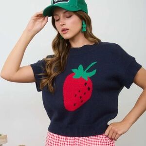 Blu Pepper Navy Sweater with Red Strawberry Design
